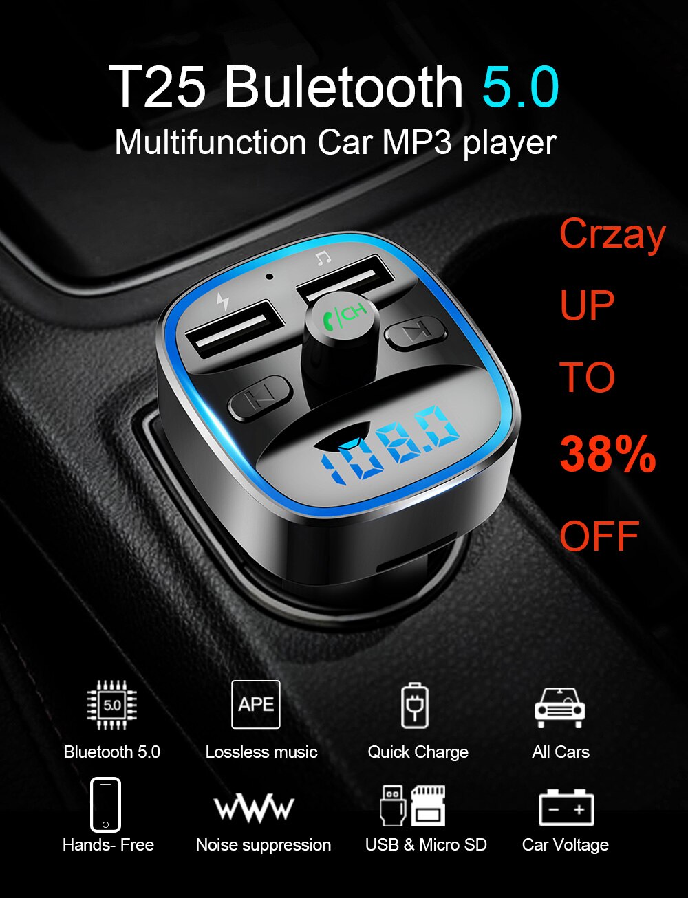 Siparnuo Bluetooth Fm Zenders Fm Modulator Bluetooth Zender Auto Hand Gratis Transmisor Bluetooth QC3.0 2 Usb Auto MP3 T25