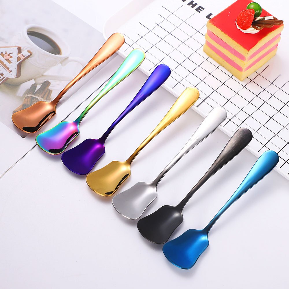 Cucharas de acero inoxidable para cuchara, Mini cucharas de café chapadas en titanio, vajilla colorida de arcoíris y oro rosa, de cucharas con cabeza cuadrada