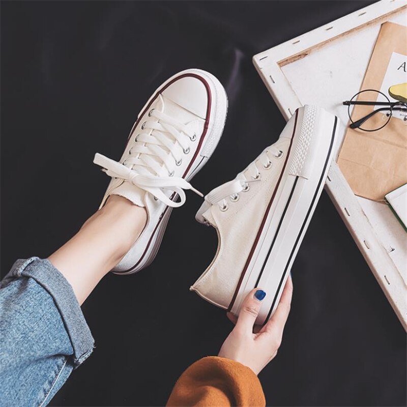 Verano de las mujeres de la Zapatos casuales zapatos de mujer Color caramelo zapatos de plataforma de lona Lisa zapatillas de mujer de fondo grueso zapatos vulcanizados