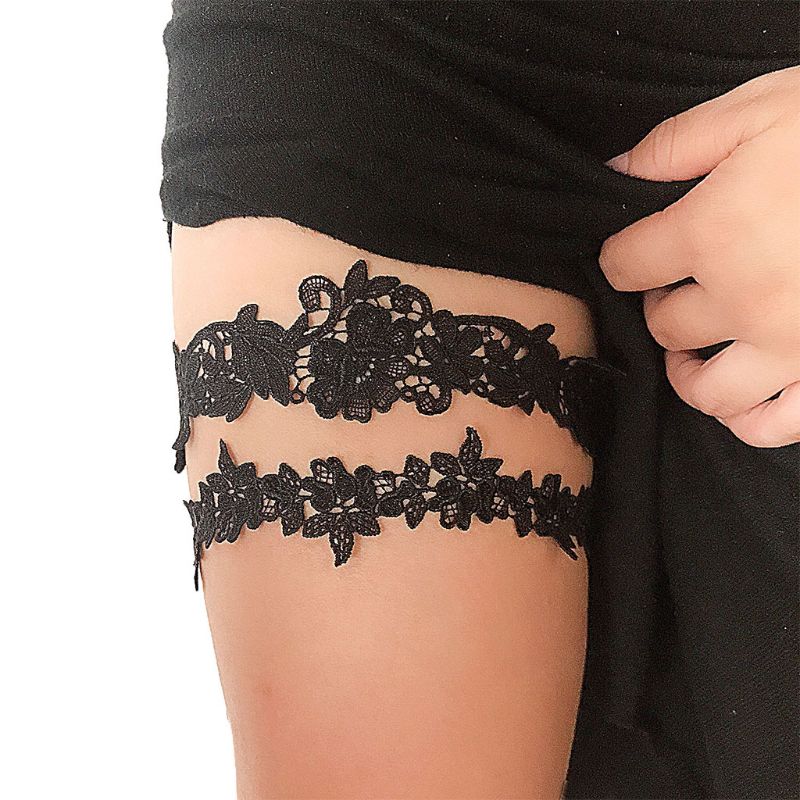2 unids/set ligas de pierna de novia de boda para mujer Color sólido negro/blanco encaje flor hueco bordado anillos elásticos de goma