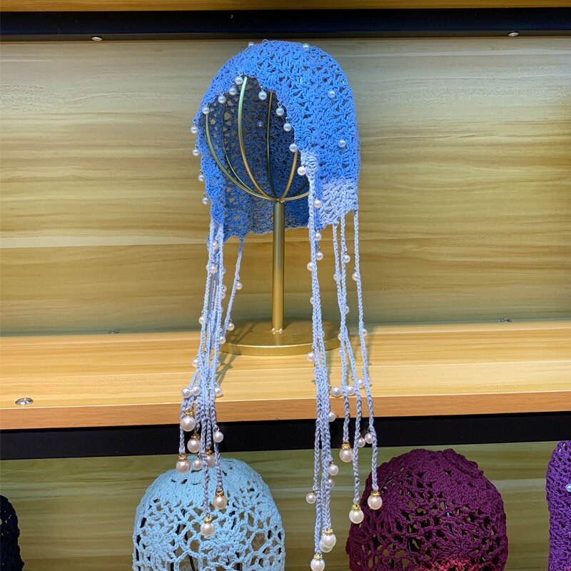 Kvinder hue alle årstider strikket hue hue dame hæklet perle skullies huer vintage kvindelige kvaster huer: Blå