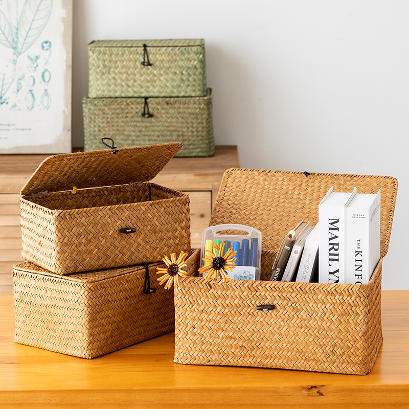 Cesta de almacenamiento tejida con tapa, cestas de almacenamiento de algas marinas para el hogar, cajas de juguetes para artículos diversos a prueba de polvo, organizador, decoración del hogar