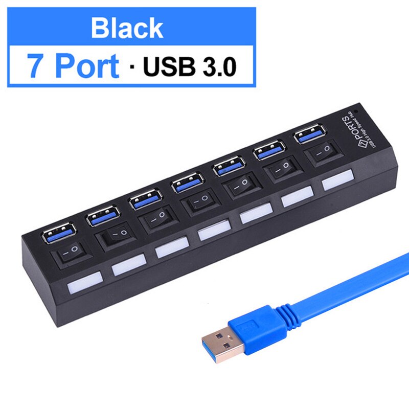 7 Port USB 3.0 Hub With Individual LED Power Switches For Macbook Pro Air Computer PC Laptop Accessories Cable Splitter Adaptor: 7 Port Black