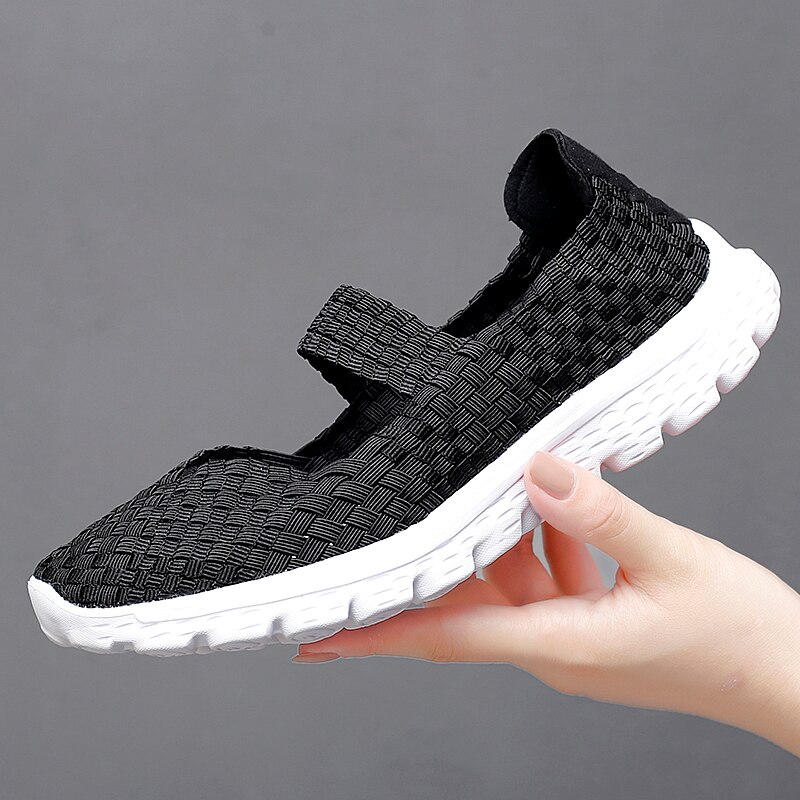Sts Vrouwen Schoenen Zomer Casual Flats Ademen Vrouwelijke Sneakers Geweven Wandelschoenen Instappers Dames Loafers Handgemaakte Schoenen Maat 35-40: all black / 4