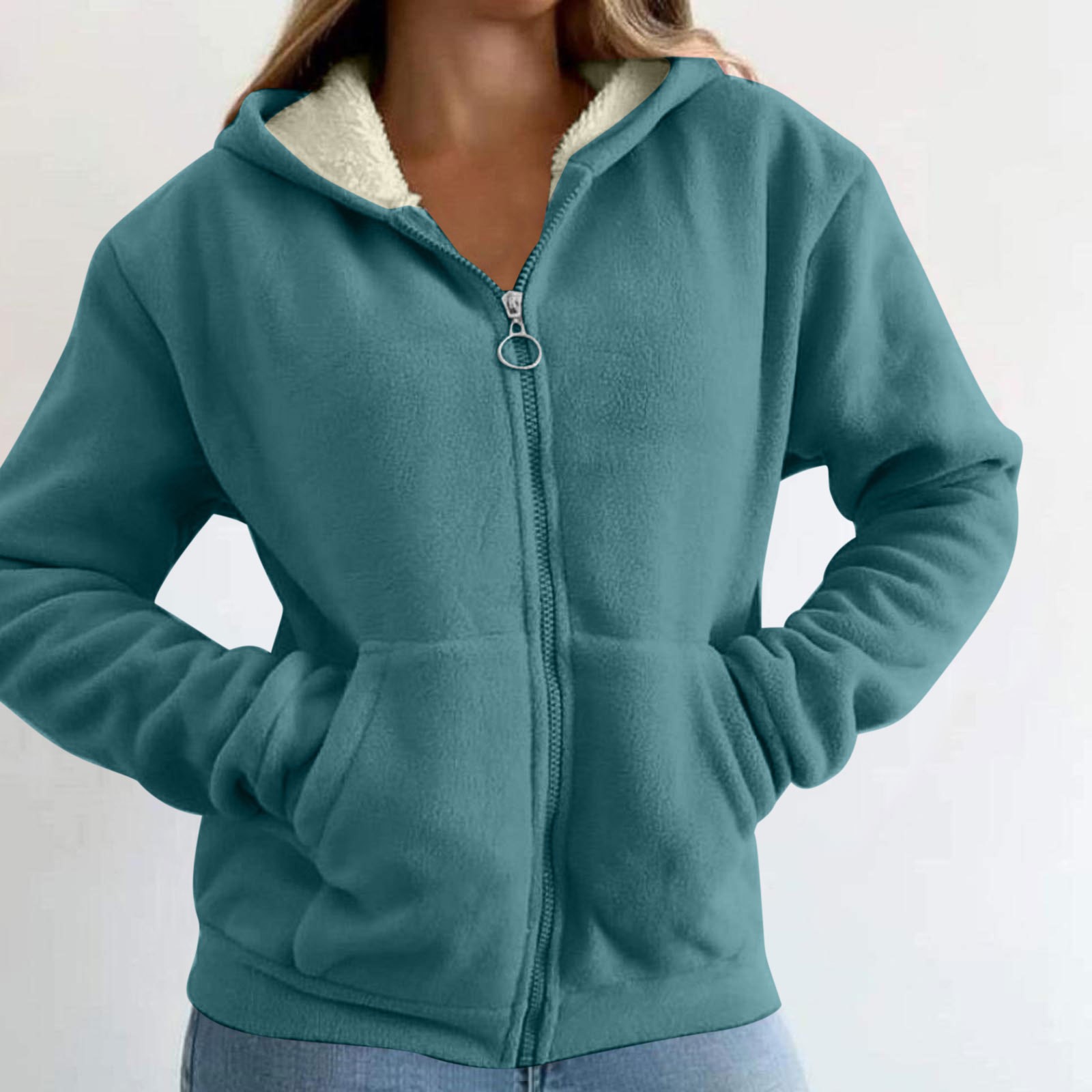 Trendy Sweatshirt Coat Front Pockets Warm Zipper Lamb Wool Jacket Men And Woman Winter Solid Color Plush Lined Cardigan Hoodie