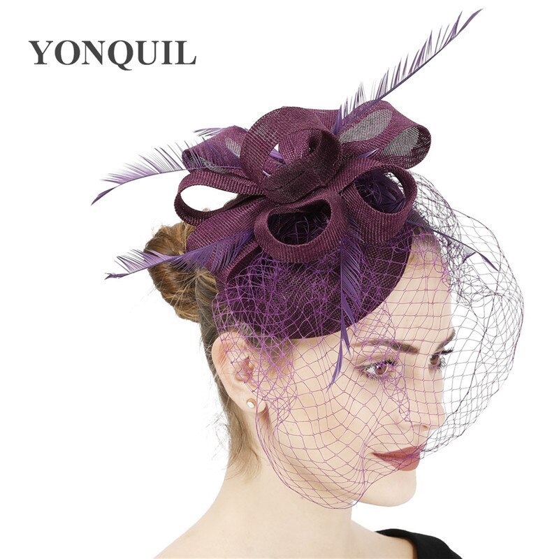 Bruid Bruiloft Witte Hoofddeksel Elegante Dames Mariage Mesh Tovenaar Hoed Fancy Veils Chapeau Cap Mode Kerk Hoofddeksels Womens: Paars