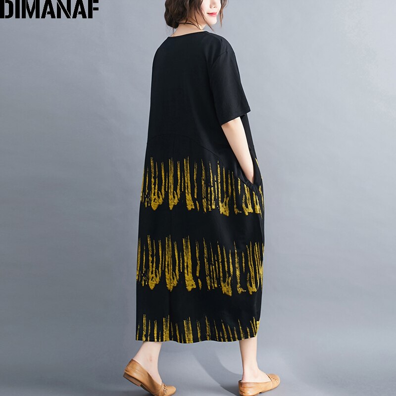 DIMANAF, vestido de verano de talla grande, ropa de mujer, vestido veraniego para mujer, vestido holgado Vintage de algodón negro a rayas, Vestidos elegantes para mujer