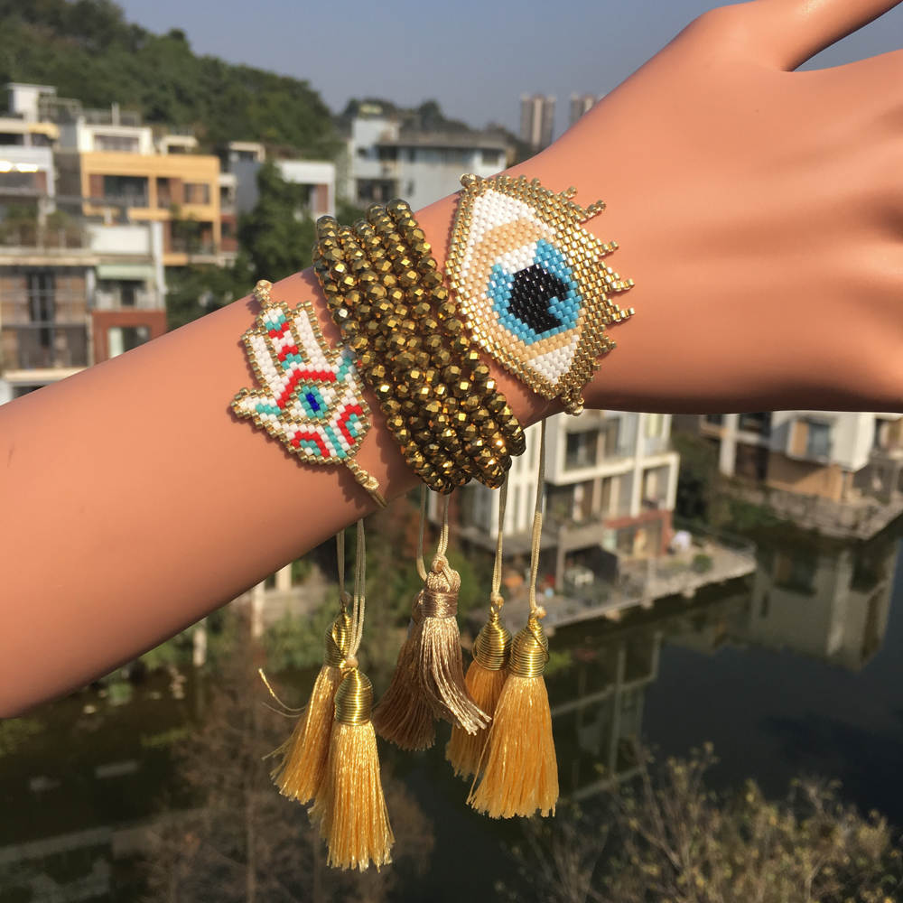 Go2boho mauvais oeil Bracelet MIYUKI turc oeil Bracelets bijoux femmes cristal bijoux gland Fatima Hamsa main Pulseras