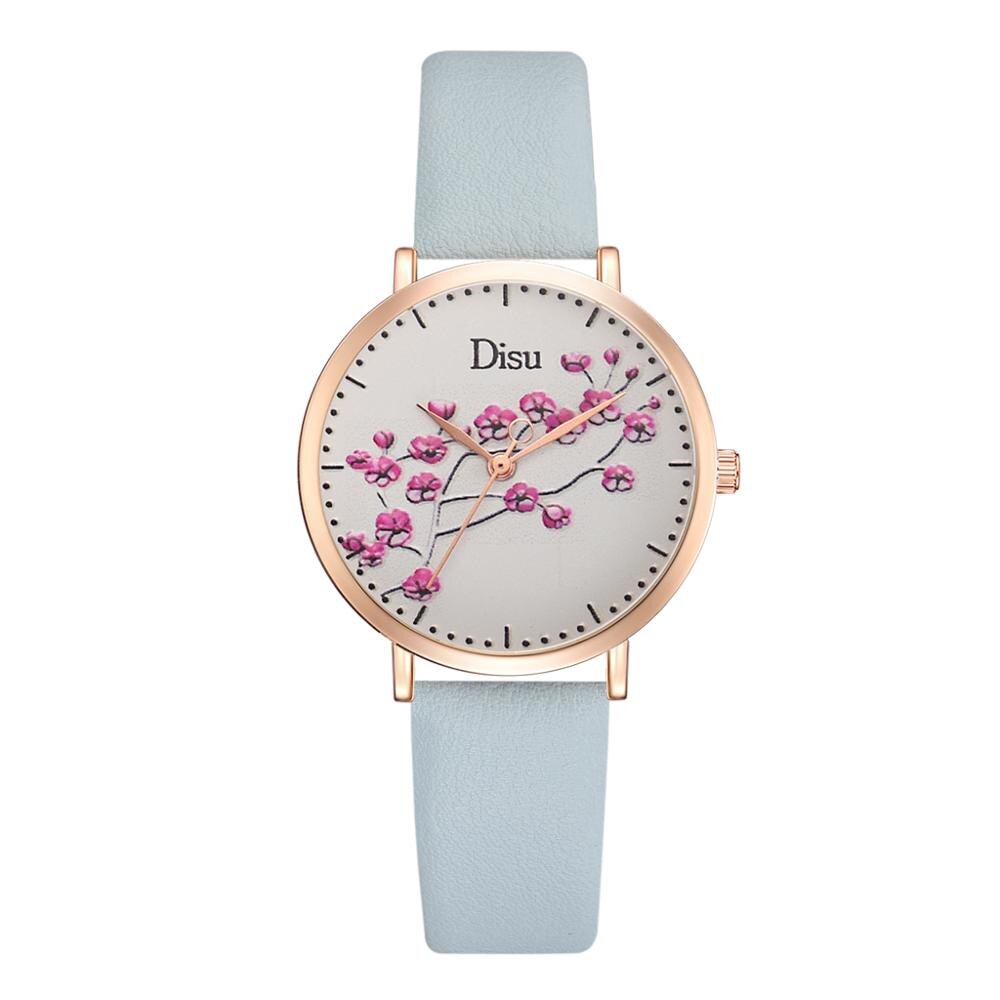 Blomster urskive ure kvinder læder dame kjole personlighed romantisk quartz armbåndsur afslappet sports ur reloj mujer: Himmelblå