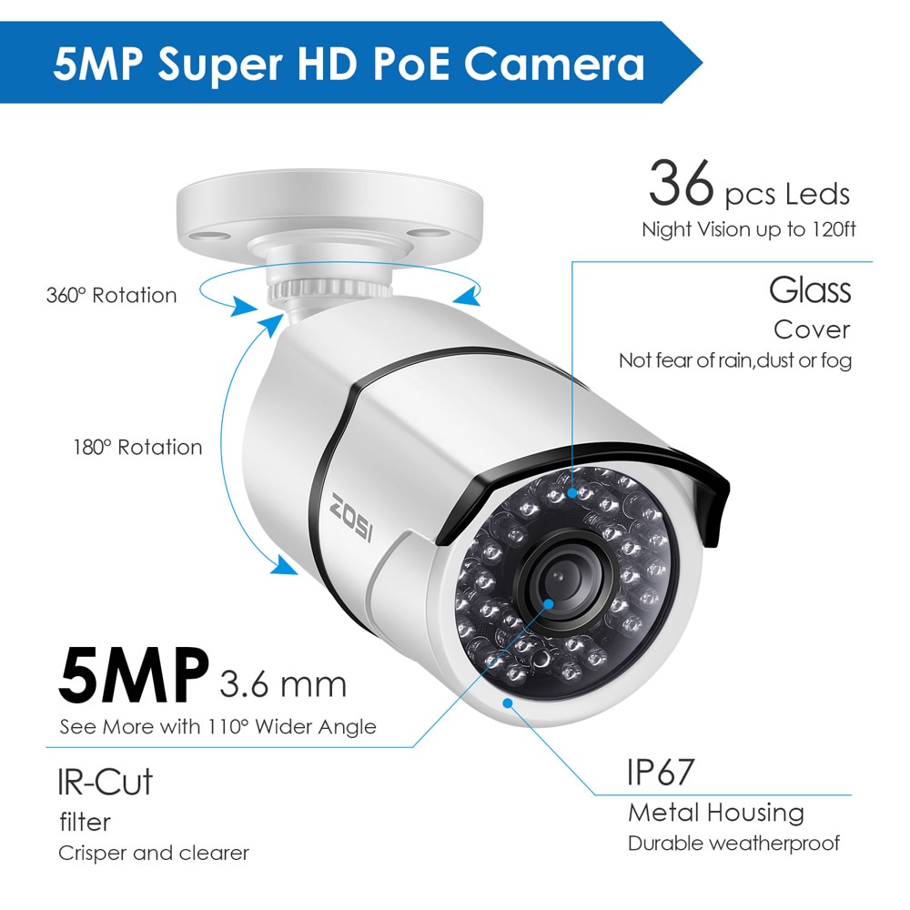 Zosi poe ip kamera 5mp hd udendørs vandtæt infrarød 30m nattesyn sikkerhed videoovervågning