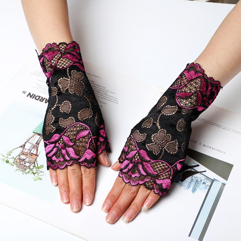 2022 frauen Jahrgang Erstaunliche Gothic Partei Sonnencreme sexy Spitze Fahren Handschuhe Kurz Handschuhe Anti-Uv Fäustlinge Finger Stil: Typ1-Schwarz-rot