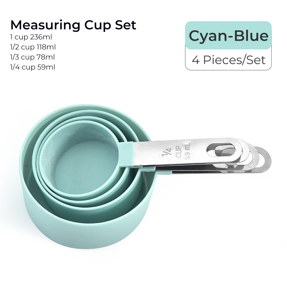4pcs Baking Tools Kitchen Measuring Spoon Set Stainless Steel Handle Measuring Cup With Scale Measuring Spoon Kitchen Gadgets: 4pcs blue cup