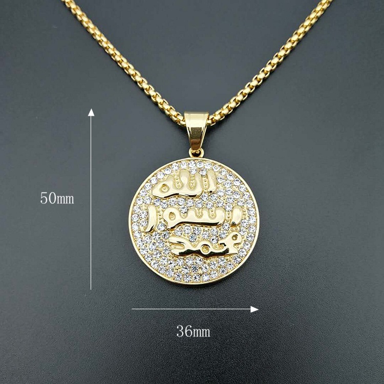 Hip Hop Iced Out Round Allah Pendant Necklace Stainless Steel Islam Muslim Arabic Gold Color Prayer Jewelry: XL1018 / 68cm