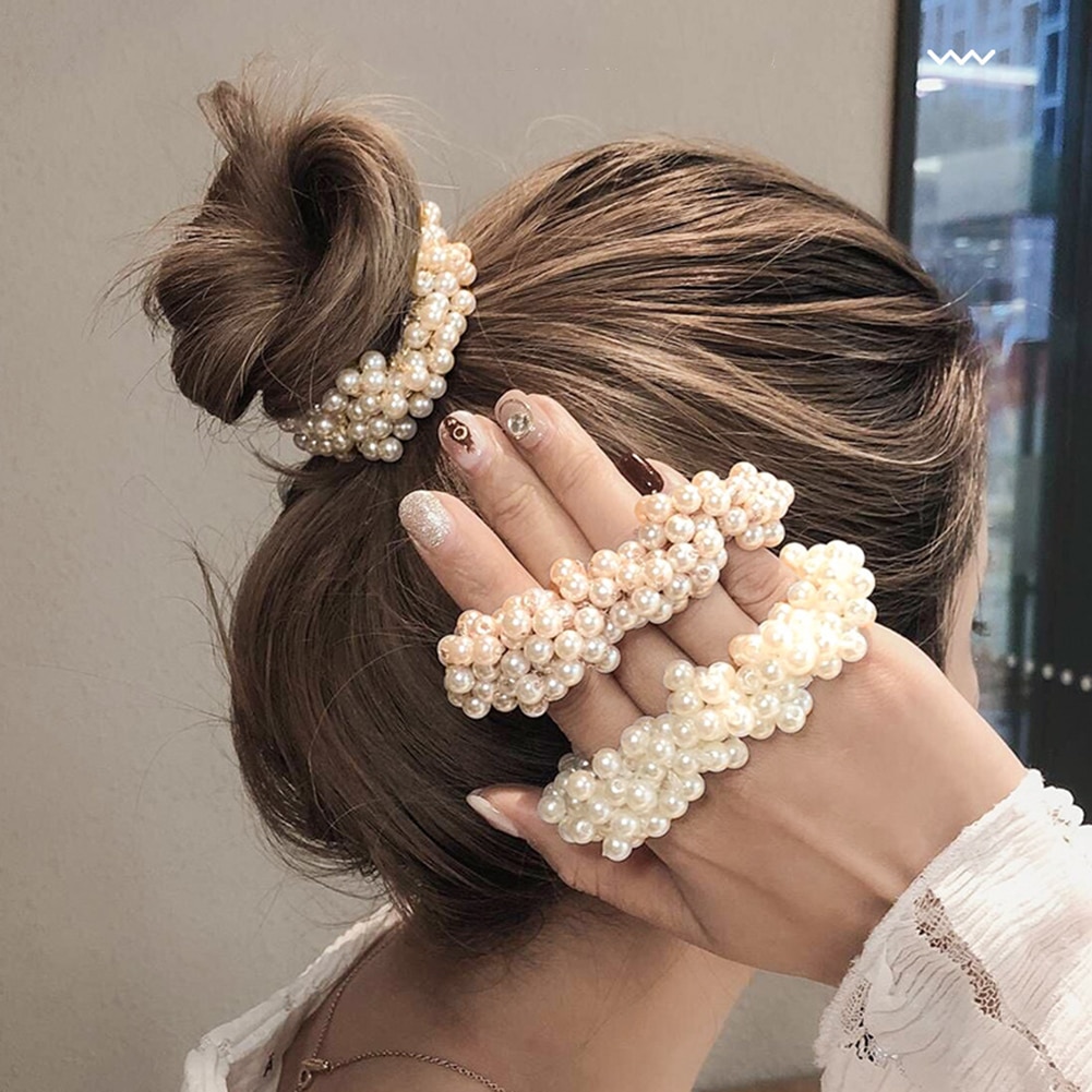 Women Girls Colorful All Pearls Elastic Hair Bands Sweet Hair Ornament Headband Scrunchie Hair Accessories
