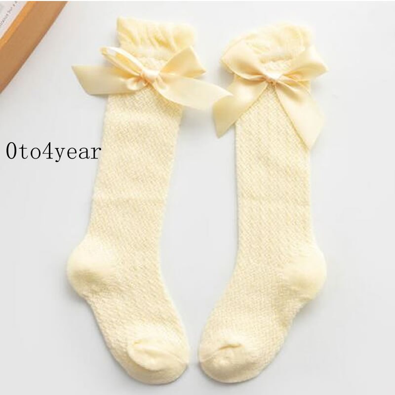 Baby Meisjes Sokken Knie Hoge Sokken Prinses Met Bogen Meisje Schattige Baby Sok Katoen Lange Buis Boog Strepen Kinderen Sokken: Yellow knee mesh bow