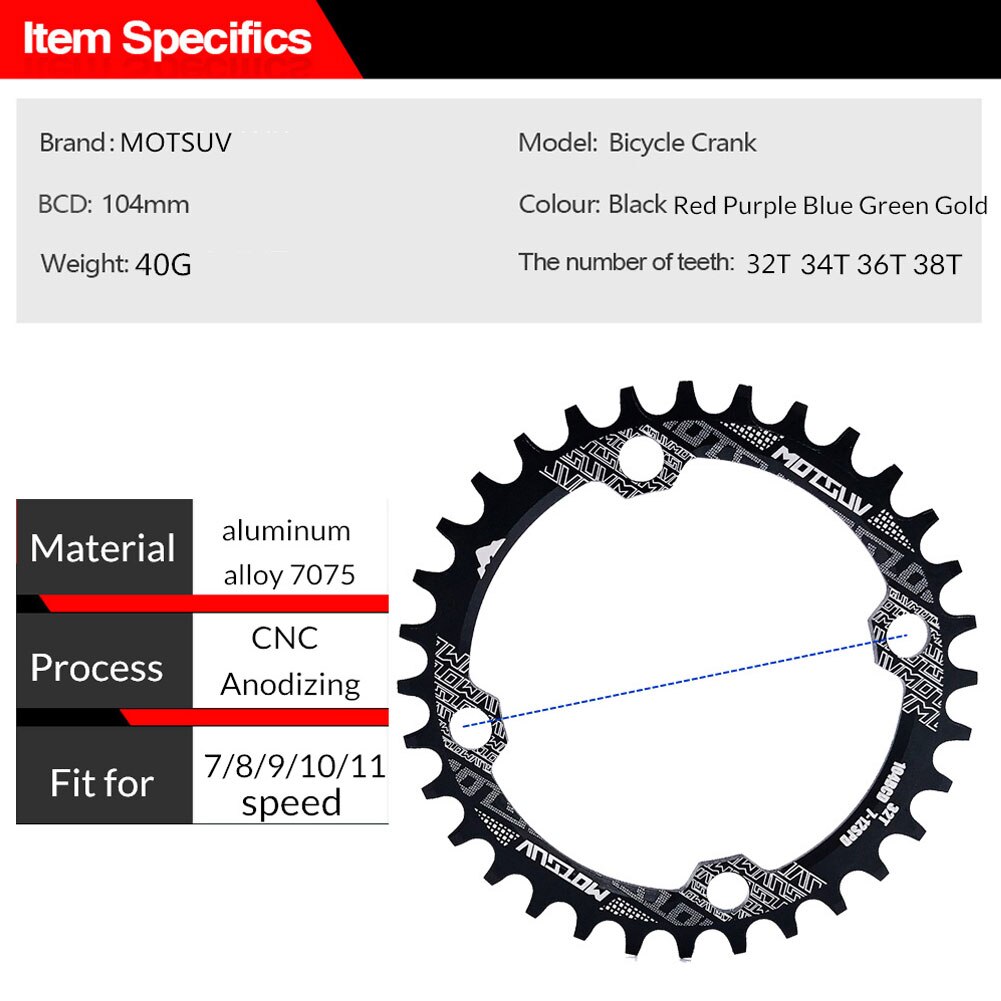 Bicycle Crank 104BCD 32t34t36t38t Round Chain Link Narrow Width Sprocket Rim Crank Auxiliary Single Speed Chain Disc Gear Plate