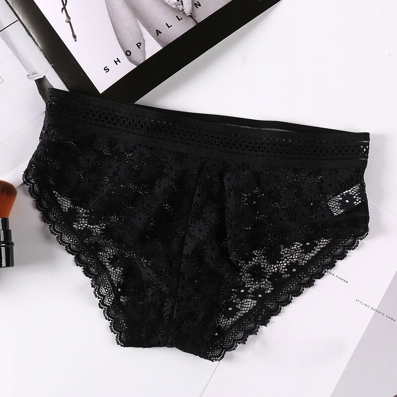 Women Lace Floral Panties Underwear Thin Briefs Sexy Hollow Panties Flower Intimates Underwear: Black