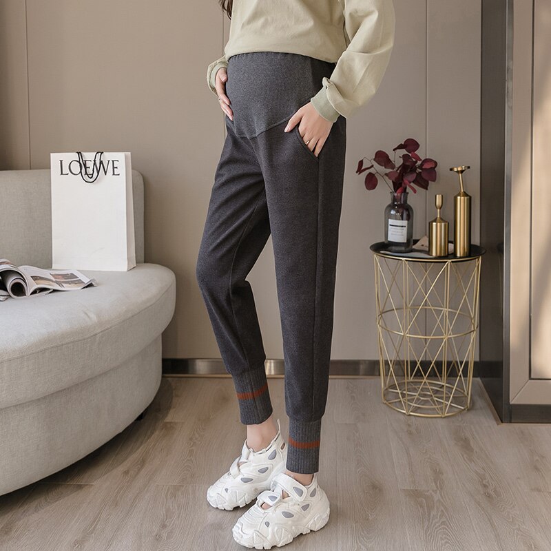 Autumn Winter Thick Woolen Maternity Trousers Elastic Waist Straight Pants For Pregnant Women Casual Clother Pregnancy Wear: Dark Grey / XL