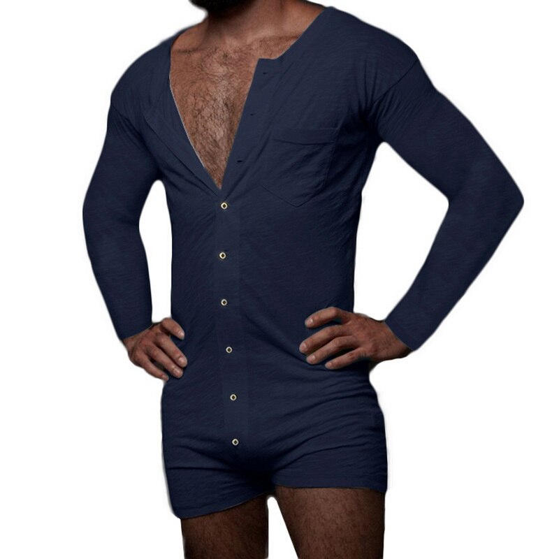 Mannen Pyjama Rompertjes Lange Mouw Comfortabele Homewear Leisure Heren Jumpsuit Nachtkleding Effen Kleur Knop Nachtkleding: Navy green / XXL