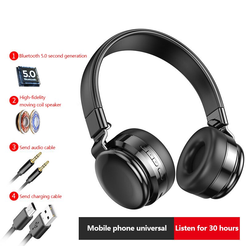 R10 Bluetooth 5.0 casque sans fil stéréo pliable casque Audio MP3 réglable écouteurs Support TF carte avec micro pour la musique