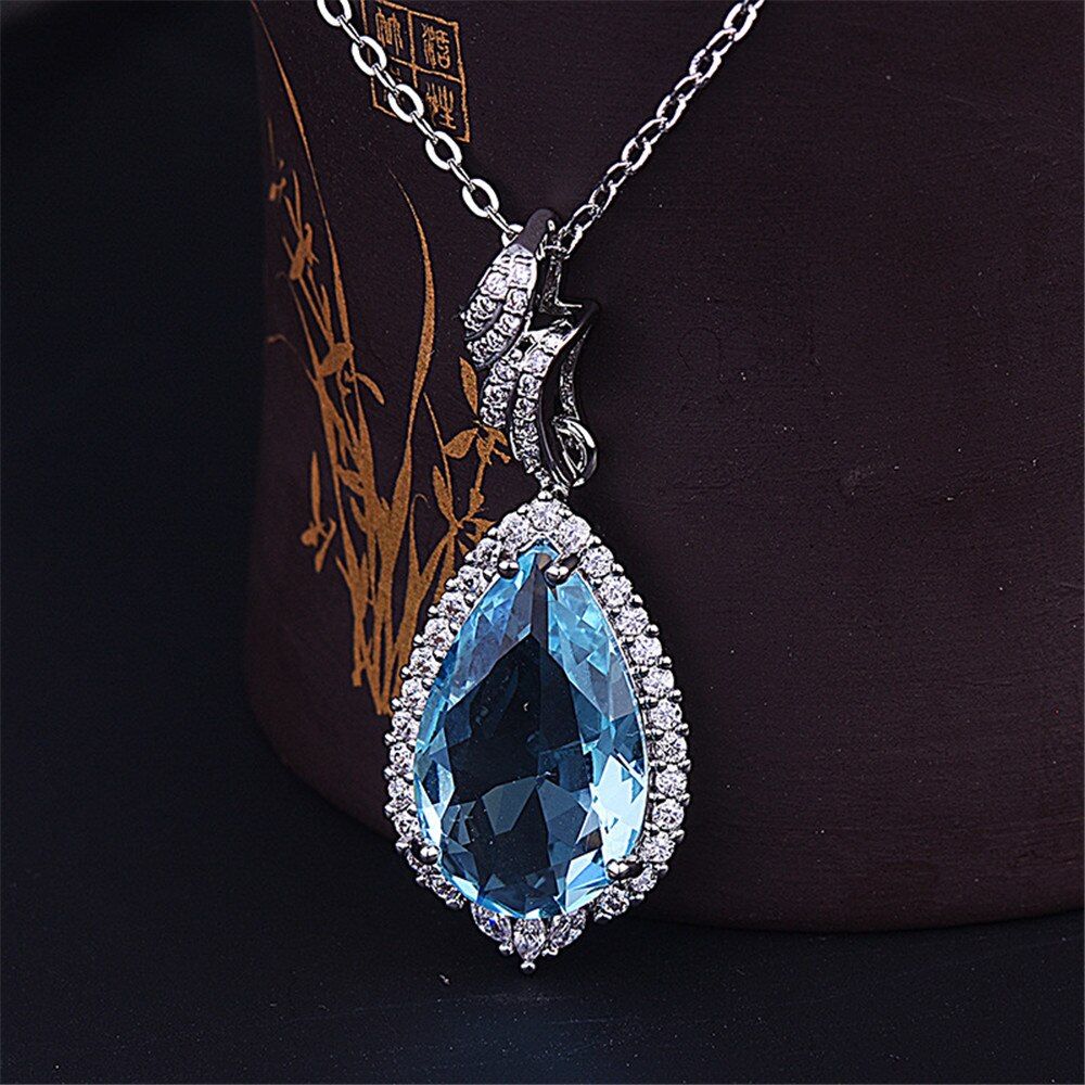 Luxus großen aquamarin edelsteine diamant Anhänger halsketten für frauen blau kristall Weiß Gold farbe halsband kette schmuck Schmuckstück