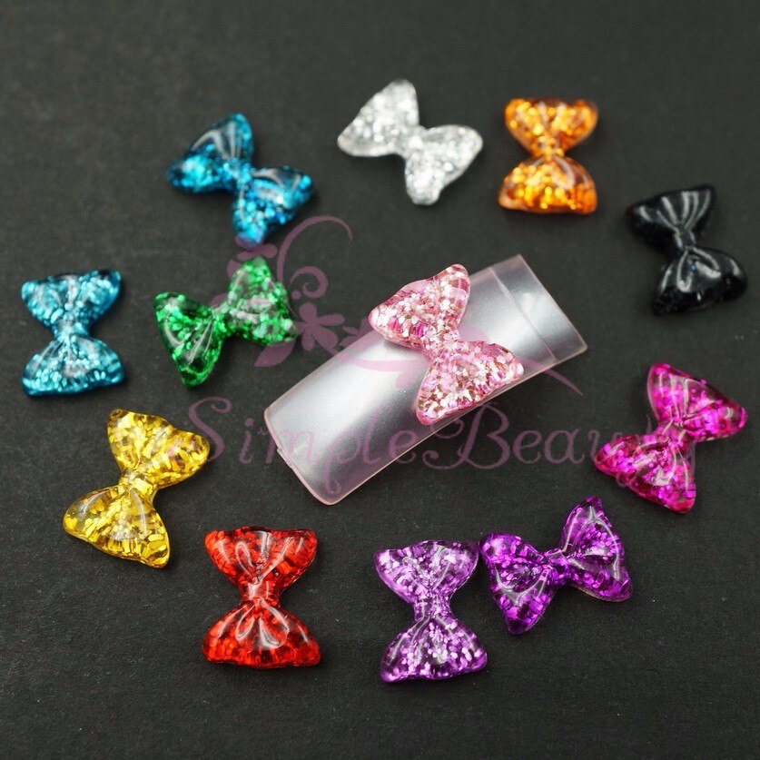 120 stks/partij Mix 12 Kleuren Kawaii Glitter Hars Cabochon 10X12 MM Boog 3D Telefoon Craft Nail Art acryl Gel Tips Decoraties