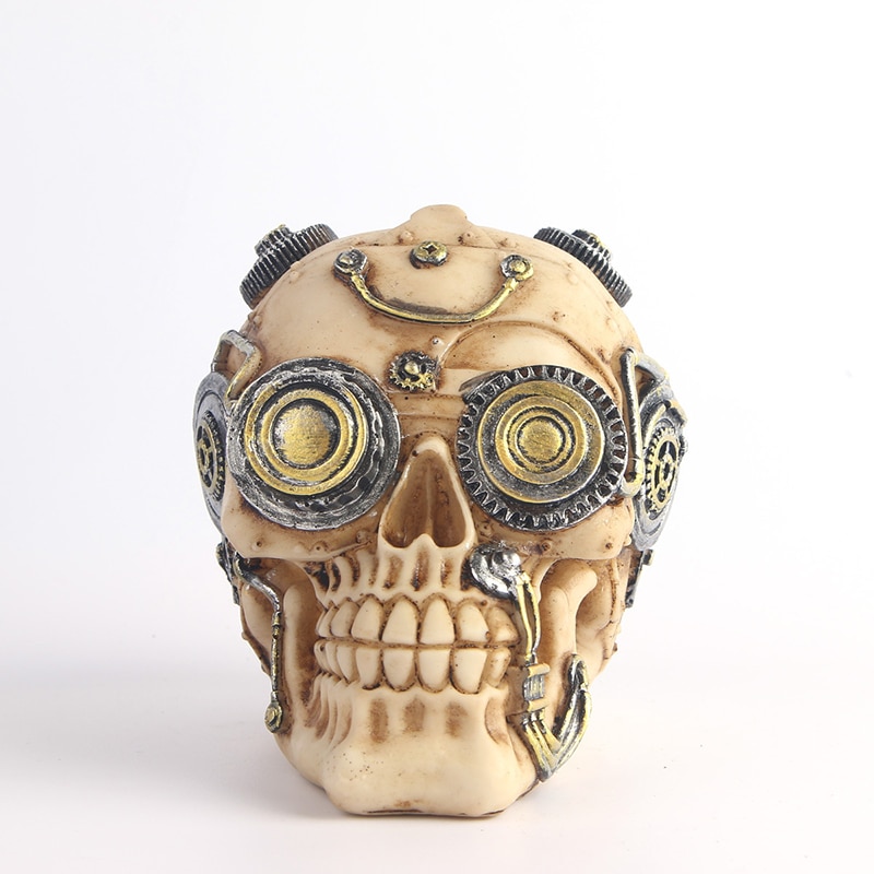 HeyMamba Mechanic Robot Human Skull Statue Steampunk Gear Skull Head Sculpture Home Halloween Decorative Supplies