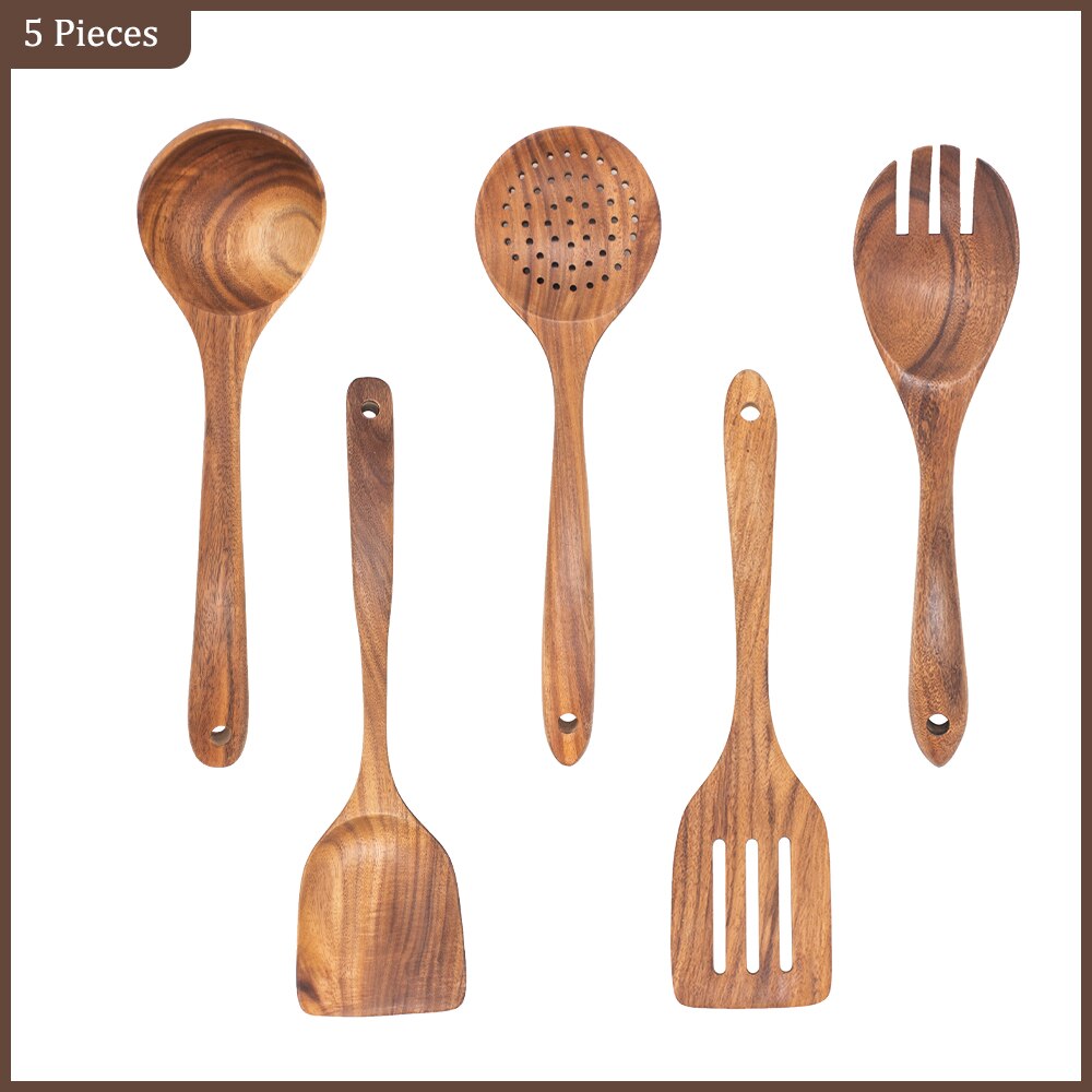 Thailandia Teak Legno naturale Stoviglie Cucchiaio Mestolo Turner Lungo Colino per riso Zuppa Skimmer Cucchiai da cucina Scoop Set di utensili da cucina: Black
