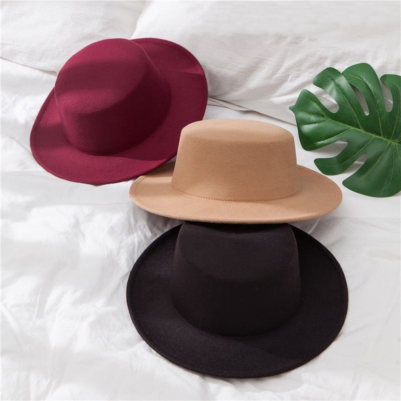 Women&#39;s Fedoras Hats Classic Solid Color Felt Vintage Wide Brim Simple Church Derby Flat Top Hat