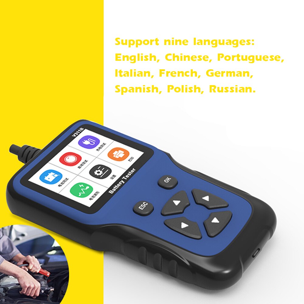 12v bilbatteri tester digital bil diagnostisk batteri tester analysator kjøretøy sveiving lade skanner verktøy 9 språk