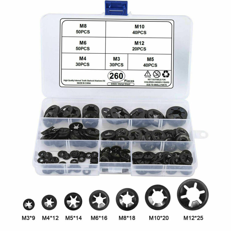 260x skiver festeklemme pakning motor grip stjernemutter push-on låsebolt tilbehør  m3-m12 sett maskinvareholder med oppbevaringsboks