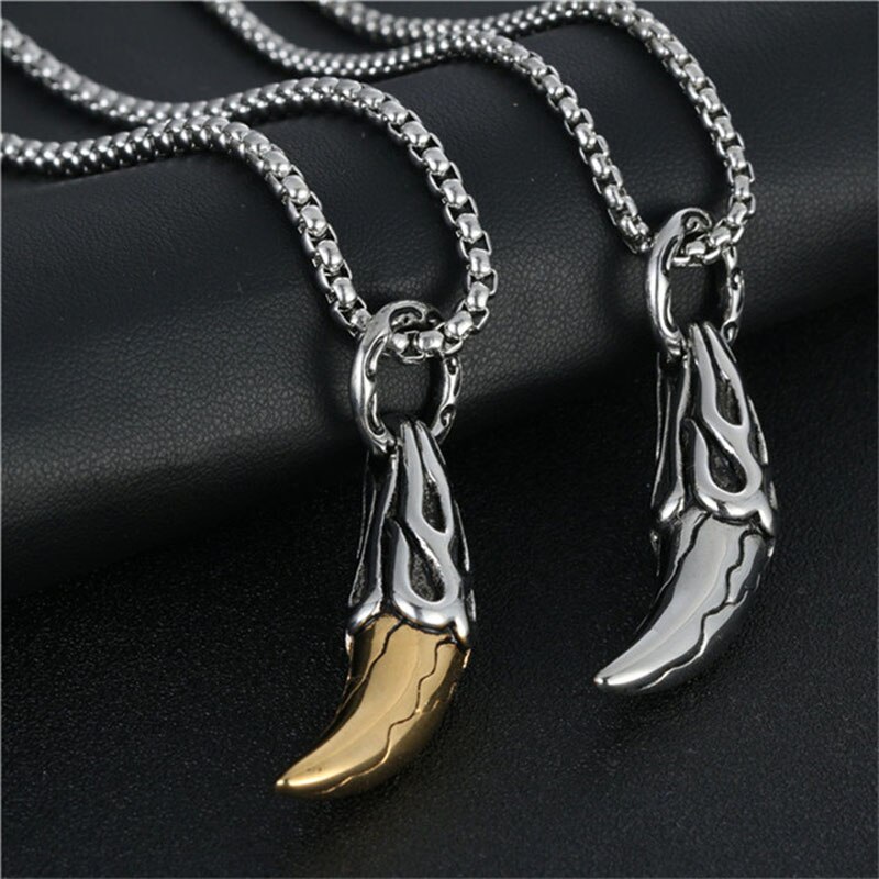 Trend Wolf Tooth Pendant Necklace for Men Stainless Steel Gold Beaded Chains Necklace Charms Jewelry
