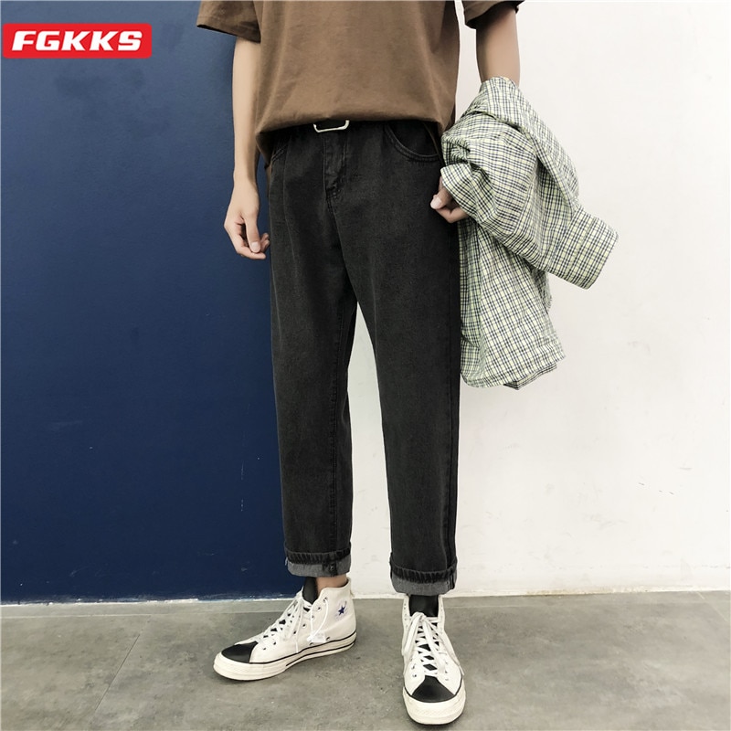 Fgkks trendmärke herr raka jeans herr enkla vilda ankellånga byxor sommar casual jeans herr