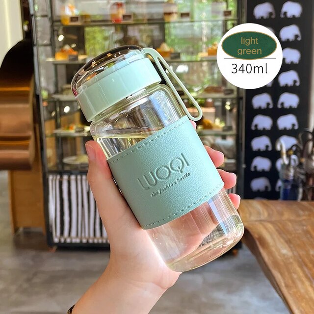 Botella de cristal portátil resistente al calor, 340ML, 480ML, para bebidas, agua fría, zumo, té, con tapa de tornillo, filtro, red fácil de llevar: green 340ml