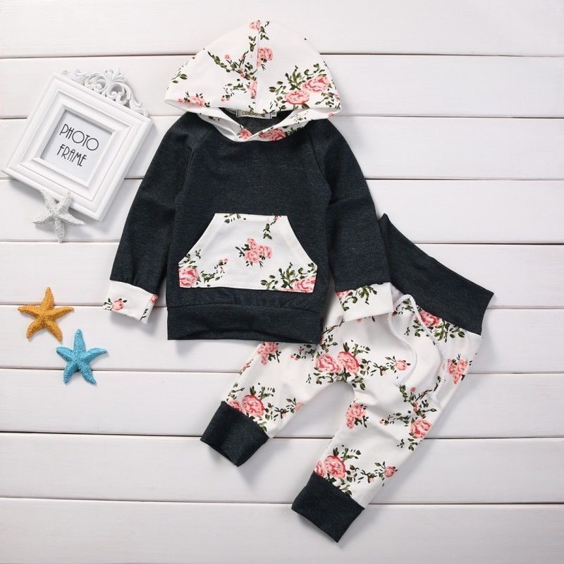 AA Summer Style Baby Clothes Set Newborn Baby Boys Girls Floral Hooded Tops +Long Pants Outfits 2PCS Clothes Set 0-24M