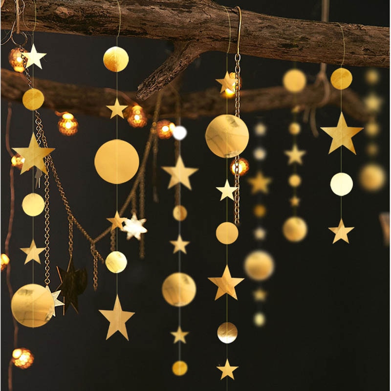 Guirnalda circular de Estrella de oro y plata de 4m para decoración de fiestas guirnaldas de papel decoración para boda cumpleaños decoración para dormitorio infantil, suministros