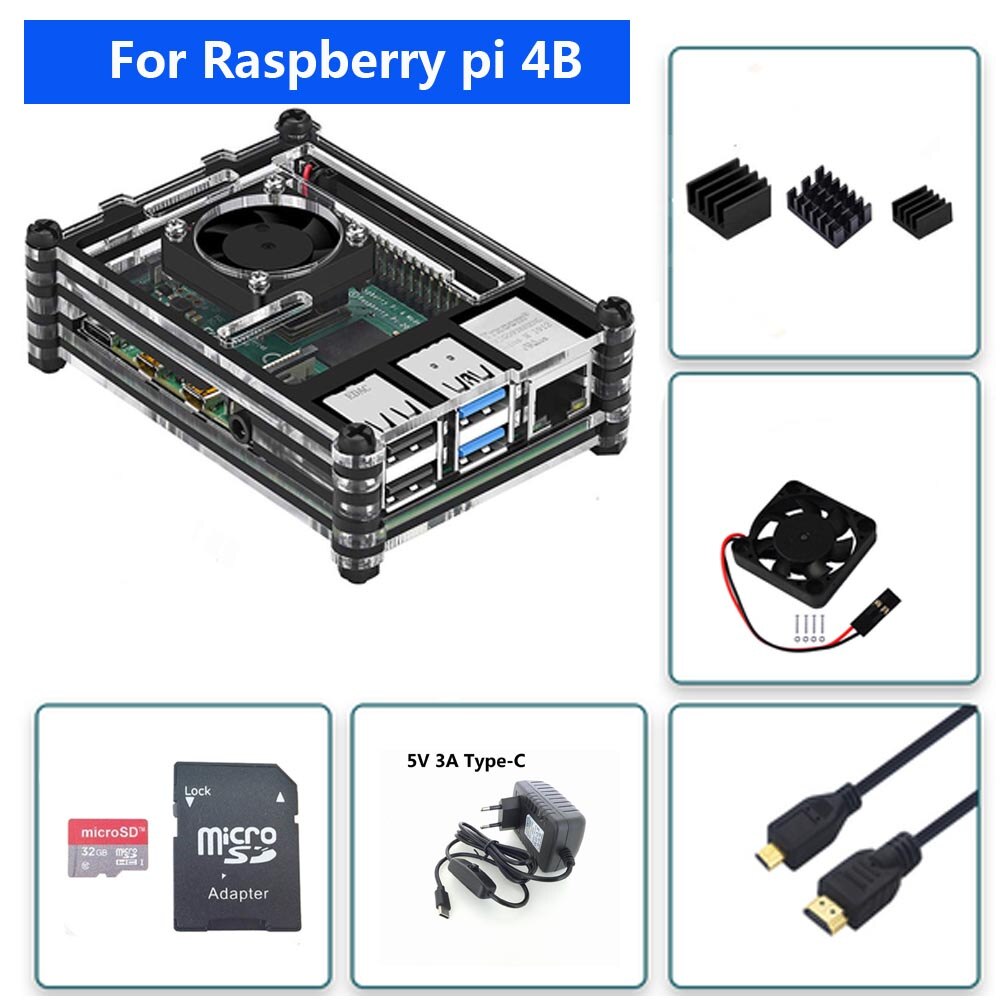 Raspberry pi 4 modelo b caixa acrílica, + ventilador de refrigeração + 32gb cartão sd + 5v 3a potência + heatsink + hdmi para raspberry pi 4b pi 4: Bronze