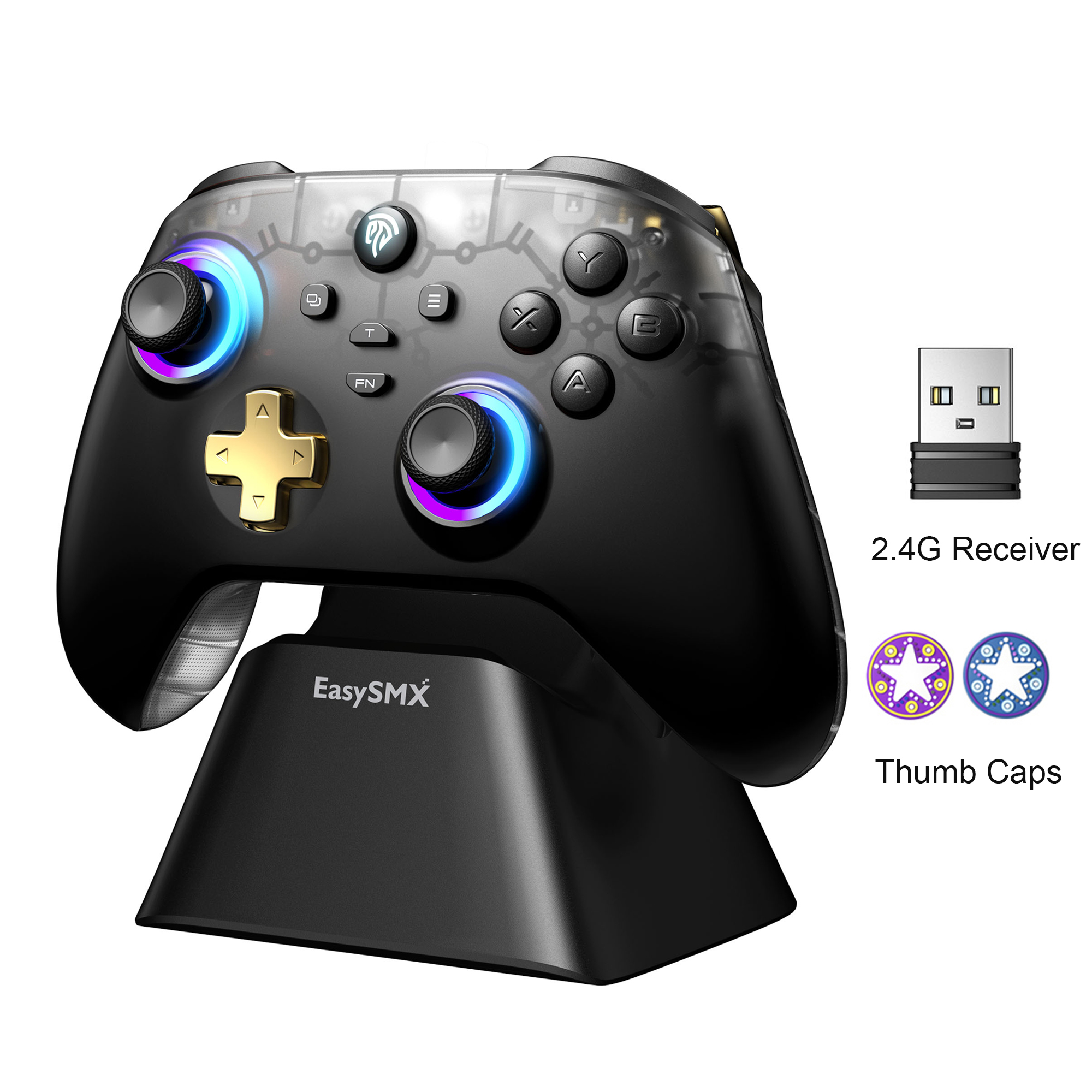 EasySMX D05 Wireless Gamepad with Charging Dock RGB Hall Effect Joysticks Game Controller for PC Nintendo Switch TV Phone: black