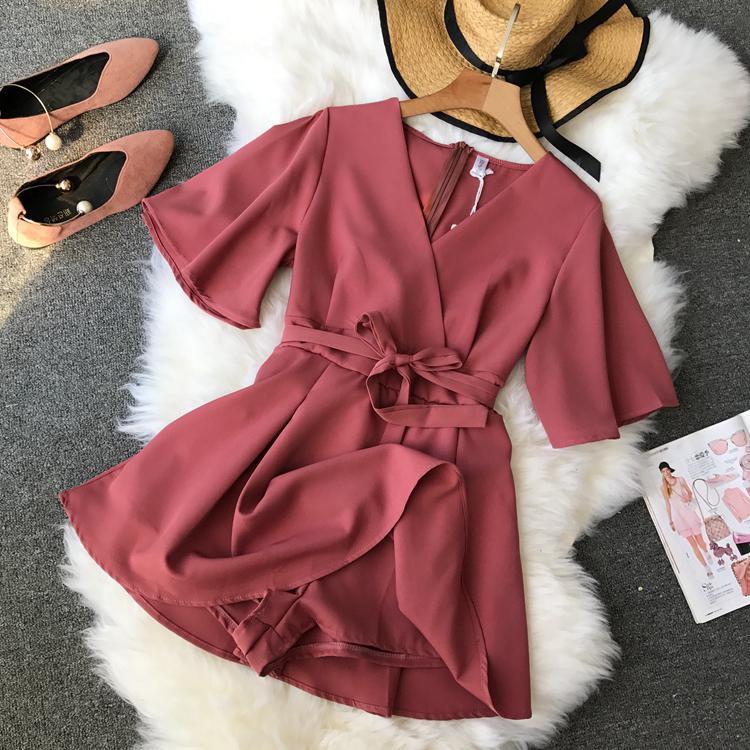 Monos elegantes de manga corta con cinturón para mujer, petos ajustados con cuello en V, coreana: 4