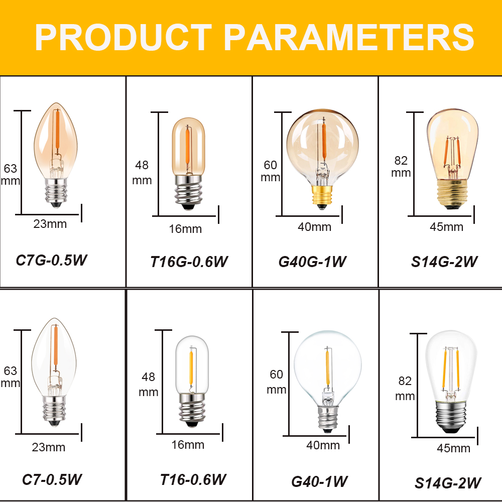 Bombilla de repuesto G40 Led 220V E12 E14 0,5 W 1W 2W S14 C7 T16 lámpara LED luz nocturna de filamento para lámpara de araña