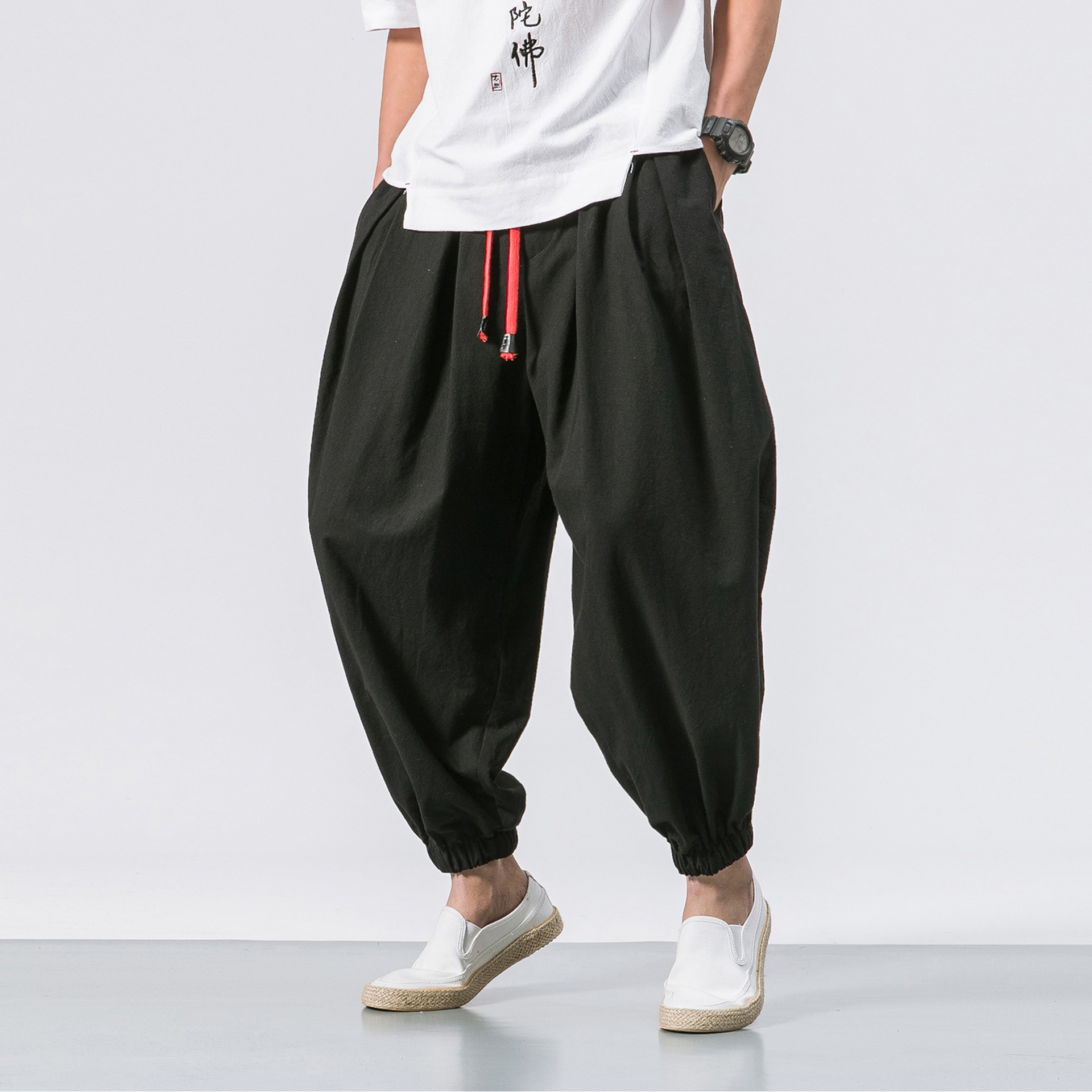 FGKKS Neue Übergröße Männer verlieren Harem Hosen Herbst Chinesischen Leinen Übergewicht Jogginghose lässig Hosen Männlichen: XL / Schwarz