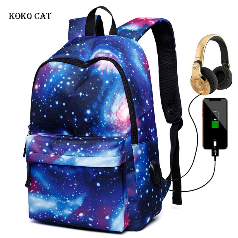 Mannen Canvas School Laptop Rugzak Galaxy Star Universe Ruimte USB Opladen voor Tieners Jongens Student Meisjes Tassen Reizen Mochila