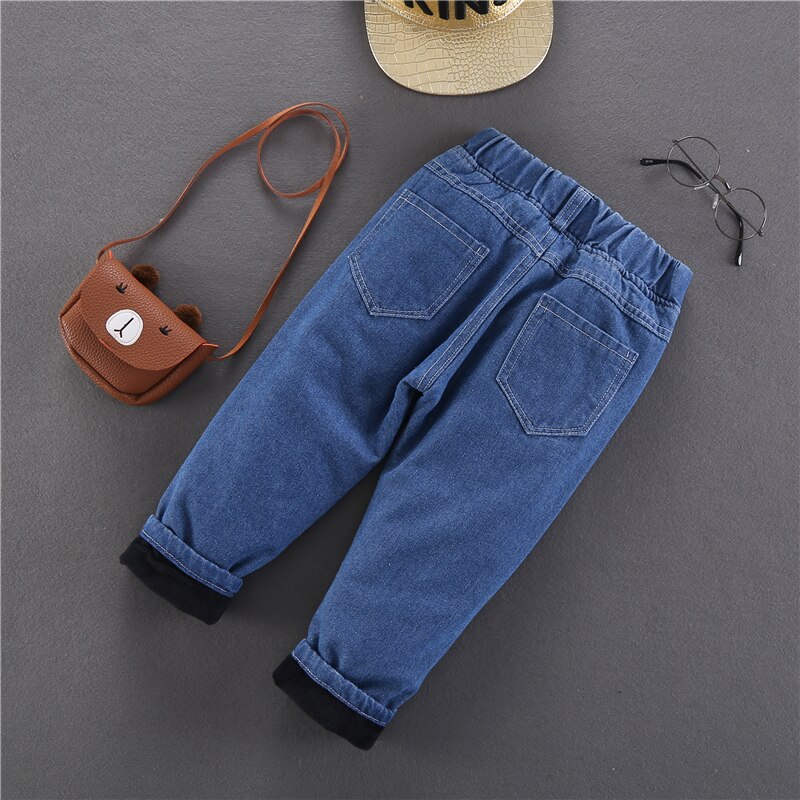 Winter jongens polar fleece voering opgerolde jeans kinderen kinderen all-match warme denim broek kinderen plus fluweel dikke denim broek