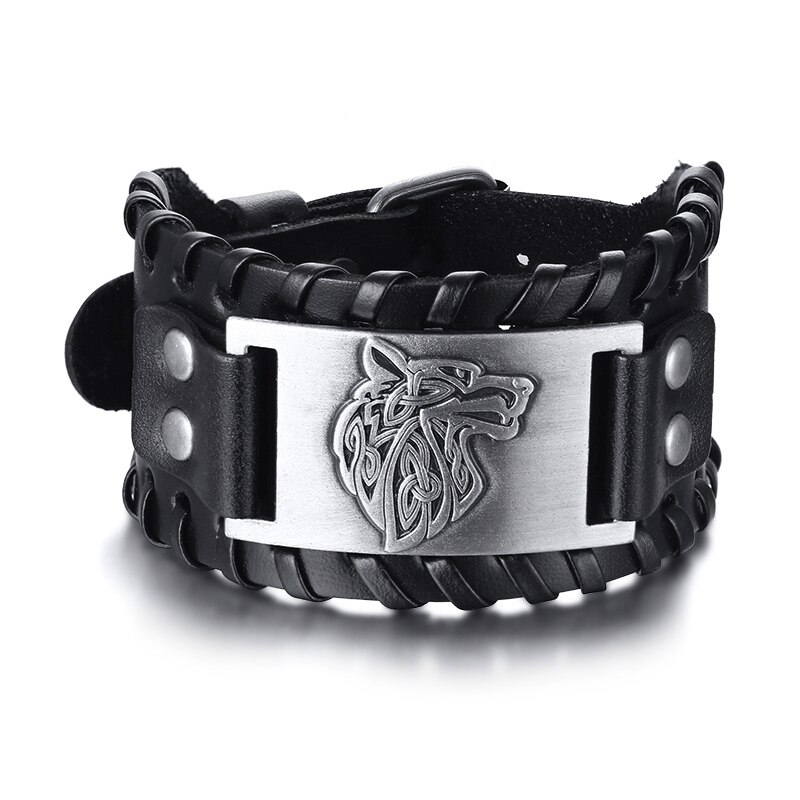 Vintage Viking Fenrir Wolf Totem Lederen Armband Voor Mannen Wolven Hoofd Amulet Brede Armband Sieraden: Style3