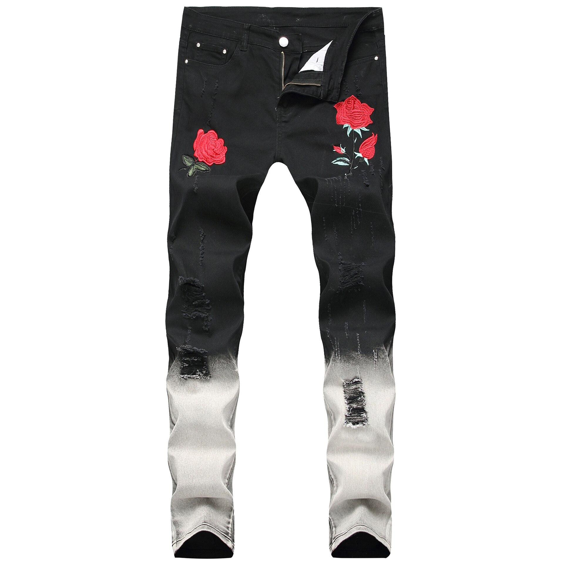Sort hvid patchwork rippede mænd jeans broderi med blomster rose broderet mænds denim jeans stretch skinny slanke jean bukser: 38