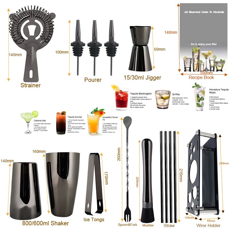 Black/Gold/Rose Gold Boston Cocktail Shaker Set 3-12 Pcs Bar Tools Set Martini Bartending Shakers Kit with Stylish Stand Recipe