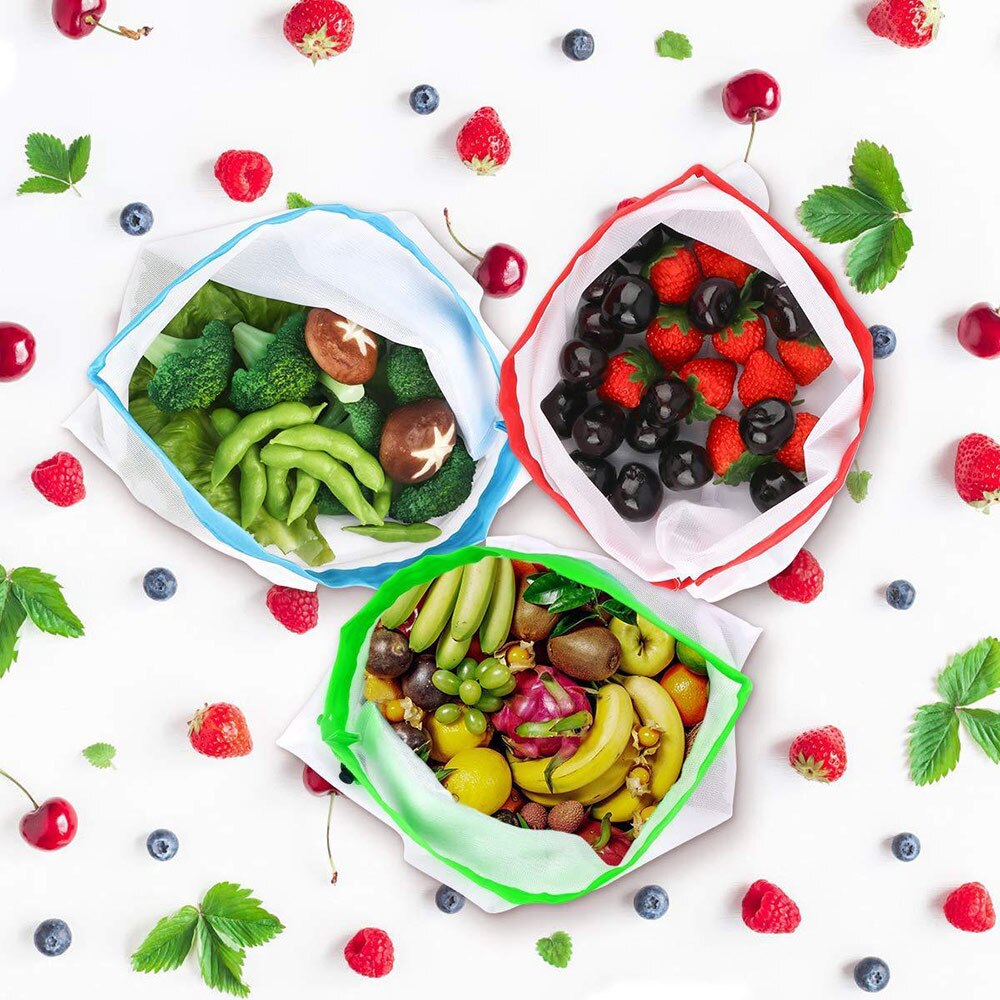12 stuks herbruikbare netzakken voor boodschappen, fruit, groenten, speelgoed, diversen, organizertas, thuis, keuken, trekkoordtas