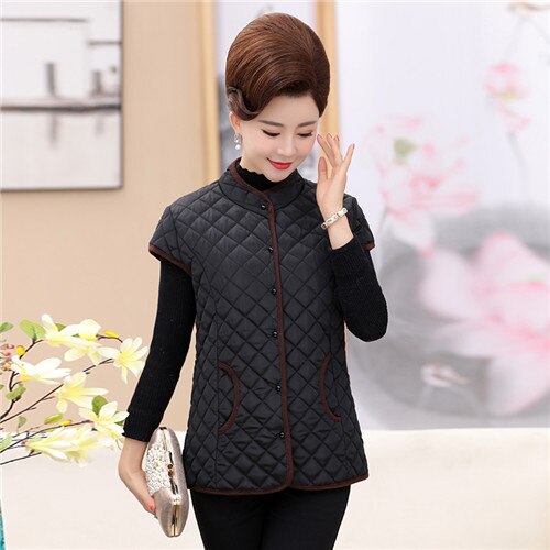 Rutiga quiltade västar höst vinter dam kappa plus size solid väst ärmlös bomull vadderad mamma varma ytterkläder: Svart / 4xl