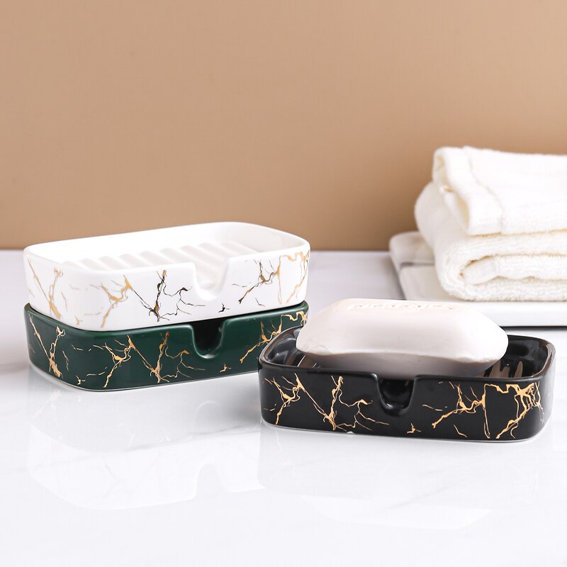 Jabonera de cerámica marmoleada de estilo europeo, jabonera de baño doméstica, jabonera escurrible de alta gama para inodoro, accesorios de baño
