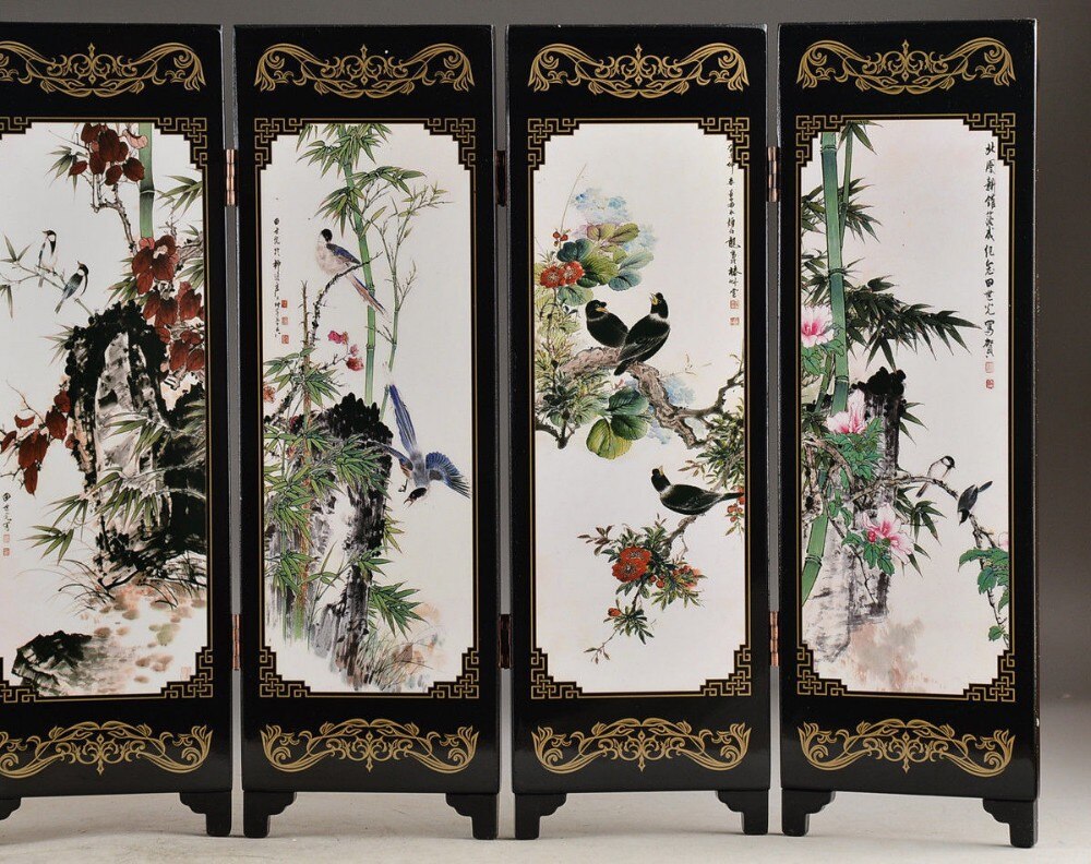 ( Mini ) Exquisite Chinese Handwork Lacquer Painting Bird Flower Folding Screen